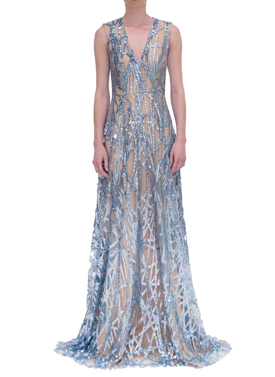 V-Neck Gown With Linear Embroidery - Reem Acra