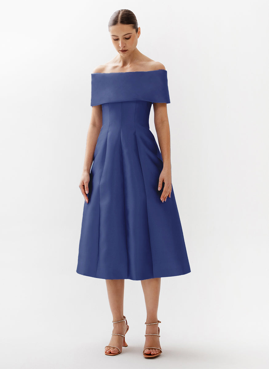 Off Shoulder Dress with Bell Skirt in Blue Silk Faille