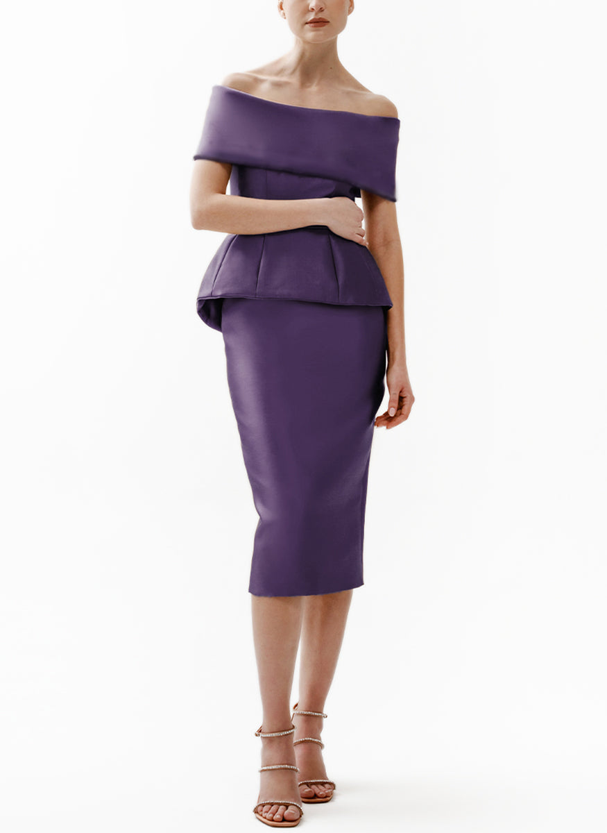Roll Collar Corset Top and Slim Skirt in Amethyst Silk Faille