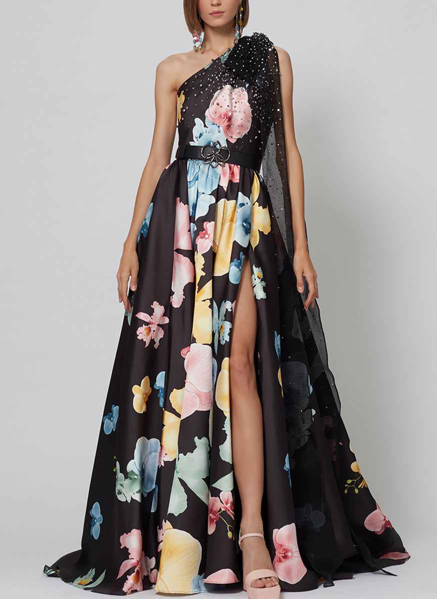 One Shoulder Printed Satin Gown
