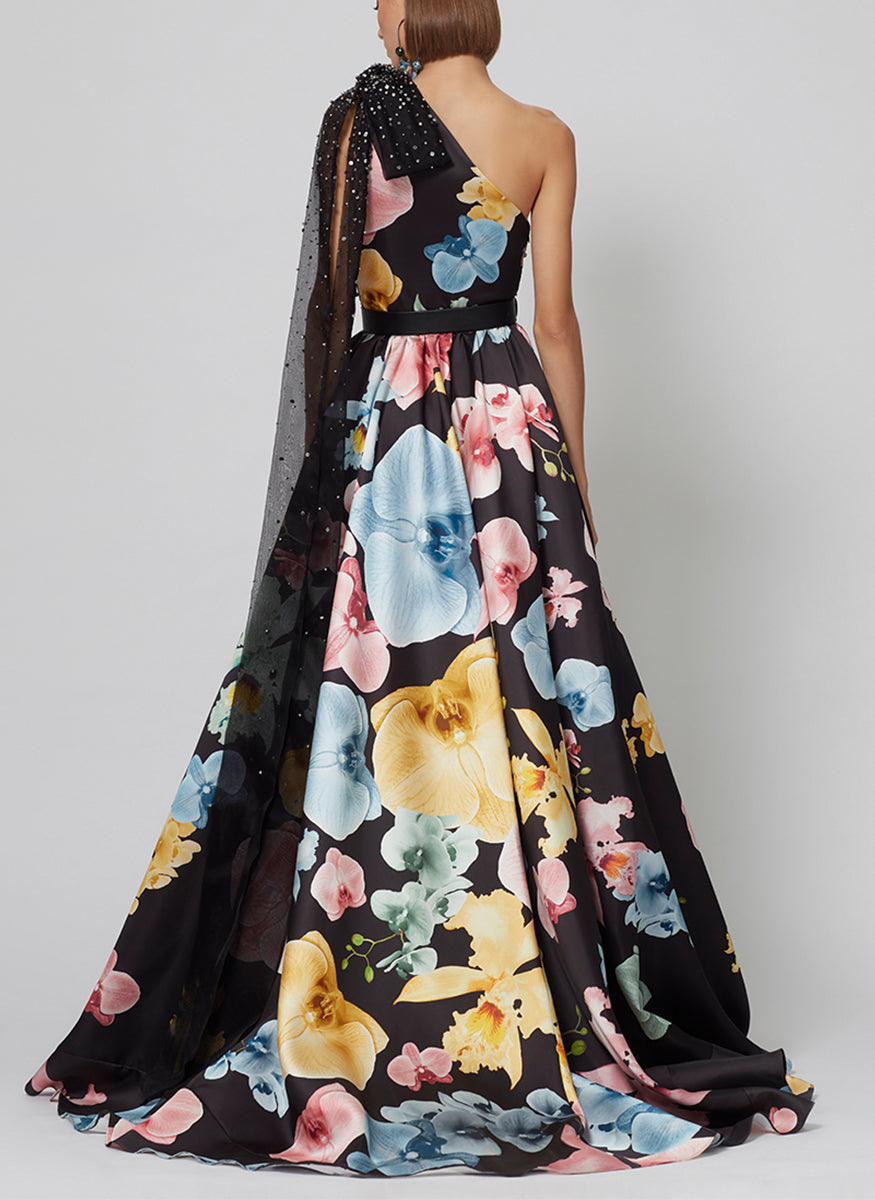 One Shoulder Printed Satin Gown
