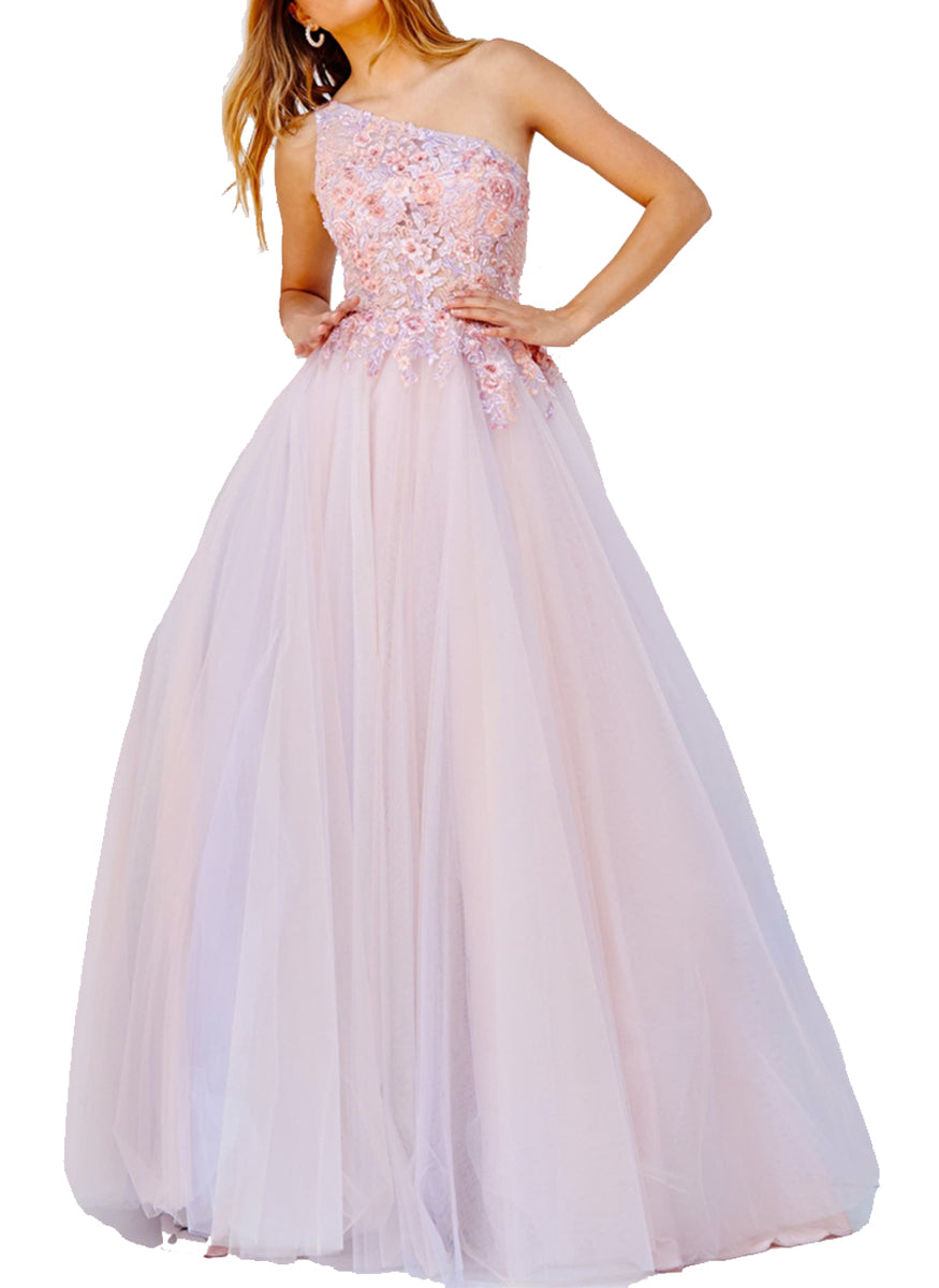 One Shoulder Embroidered Tulle Gown