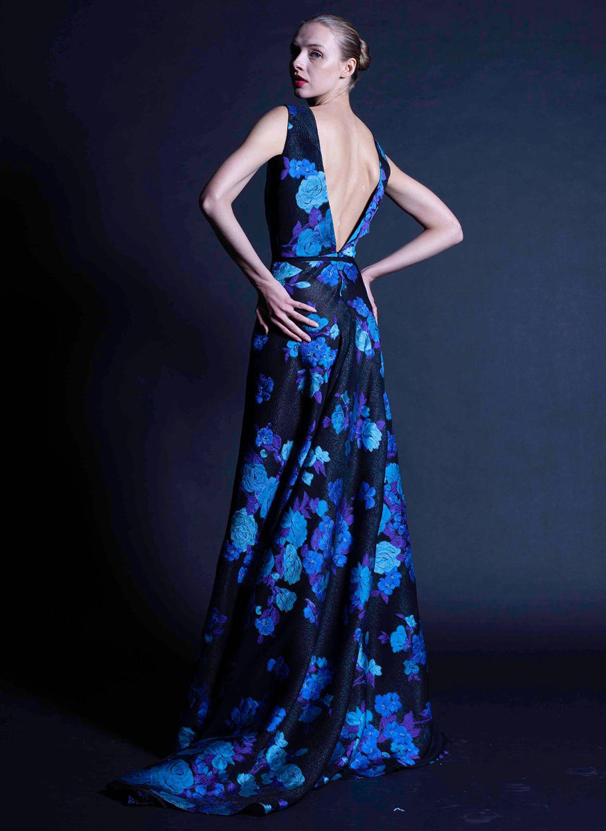 V-Neck Floral Gown - Naeem Khan