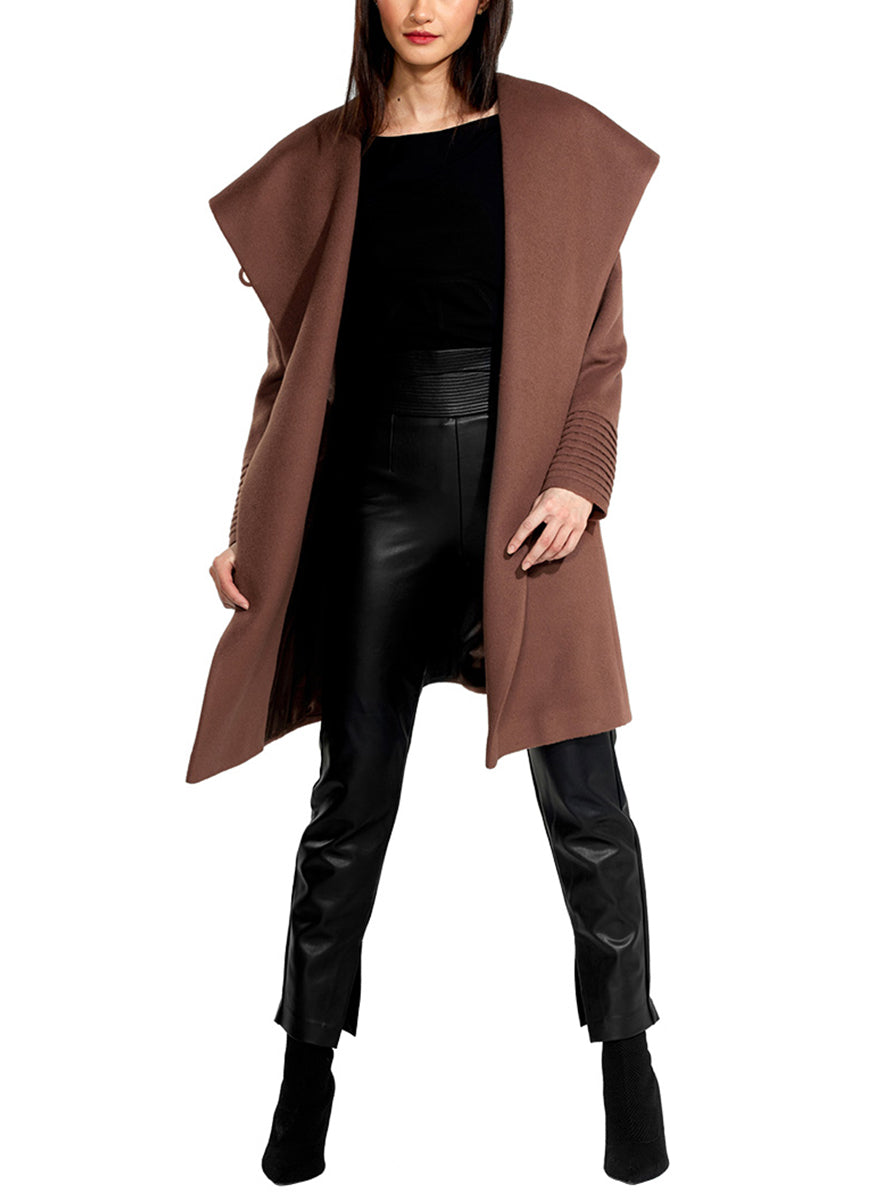 Mid Length Hooded Wrap Coat in Sepia - Sentaler