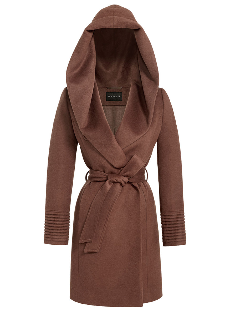 Mid Length Hooded Wrap Coat in Sepia