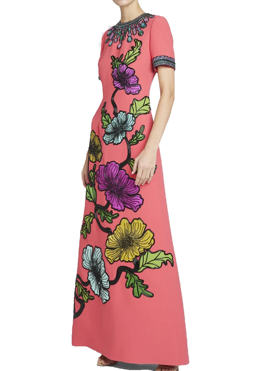 Floral Short Sleeve Applique Gown