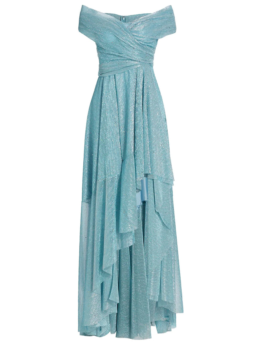 Holunder1 Sprinkled Metallic Off Shoulder High-Low Dress in Turquoise